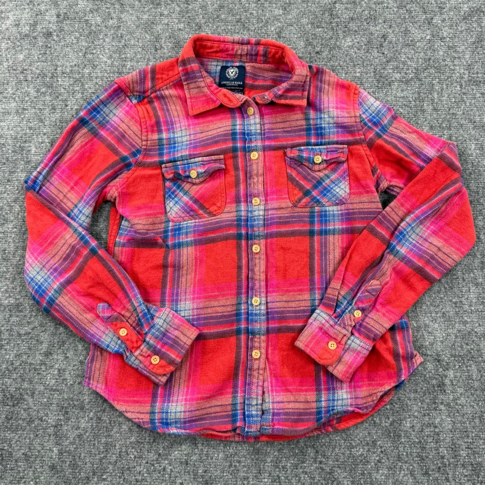 Kids American Eagle Outfitters Flannel Shirt Pink Blue Plaid Favorite Fit Size M